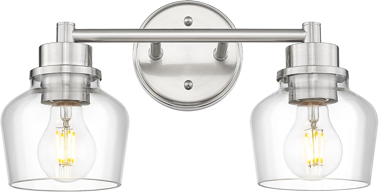 Emak 2-Light Vanity Lights, Brushed Nickel Bathroom Lights Over Mirror with Clear Glass Shade, Modern Bathroom Wall Sconces, VL122-BN-CG-2