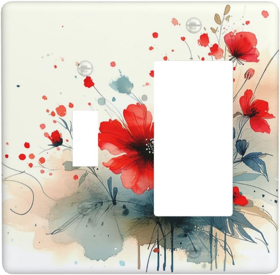 Vintage Floral Red Watercolor Modern Outlet Covers 1 Toggle 1 Rocker Combination Light Switch Cover Plate Decorative Wall Plate Electrical Switch Plates for Bedroom Bathroom Decor