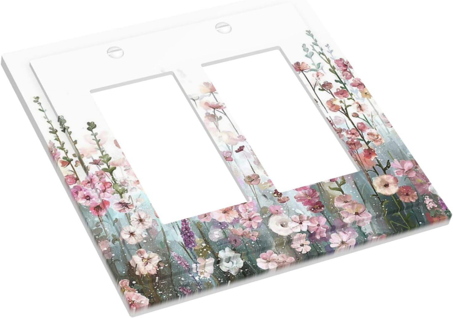 Colorful Flowers Pink Floral Watercolor Plant Decorative Outlet Covers 2 Gang Double GFCI Rocker Electrical Wall Panels Light Switch Cover Plate for Bed Room Living Room Decor