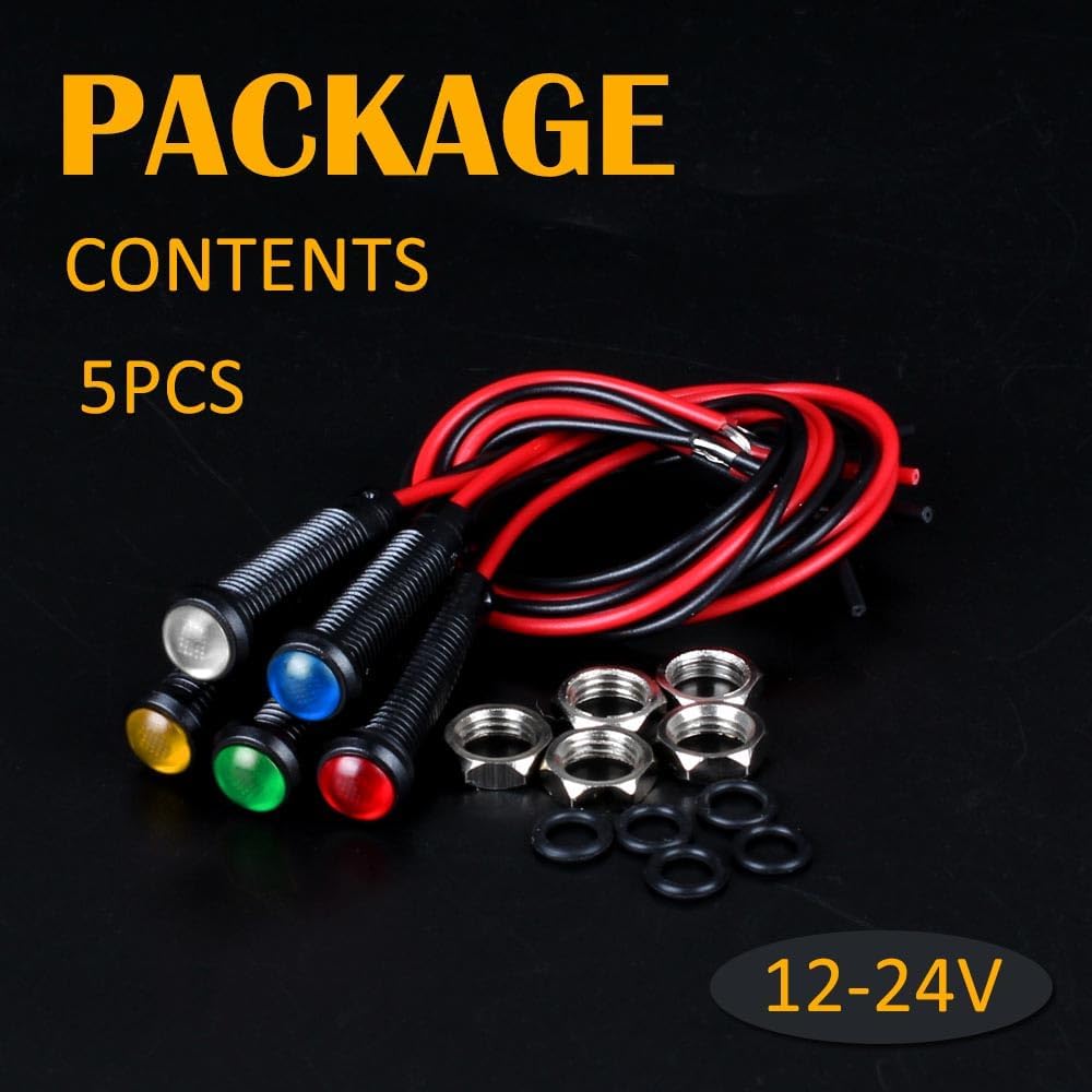 5pcs 6mm LED Indicator Light Plastic Black Signal Dot Lamp 12V-24V 1/4" Mounting Hole Size with 15cm/5.9in. Wire (Mix:Red White Yellow Blue Green)