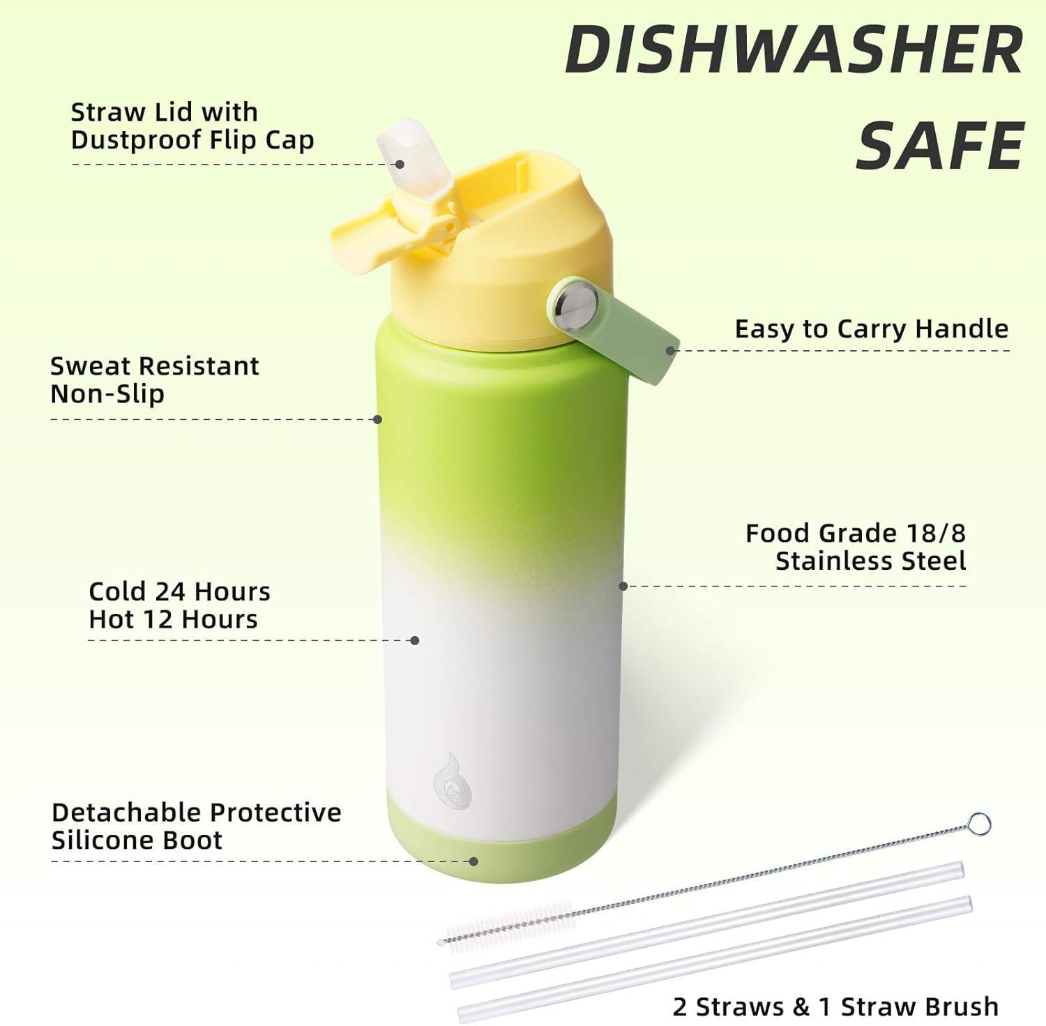 BJPKPK Water Bottle with Straw Lid, 24oz Vacuum Insulated Water Bottles, Metal Stainless Steel Thermo for Sports, Travel, BPA Free Leak Proof Thermo, Cups, Flasks, Tumblers,Green