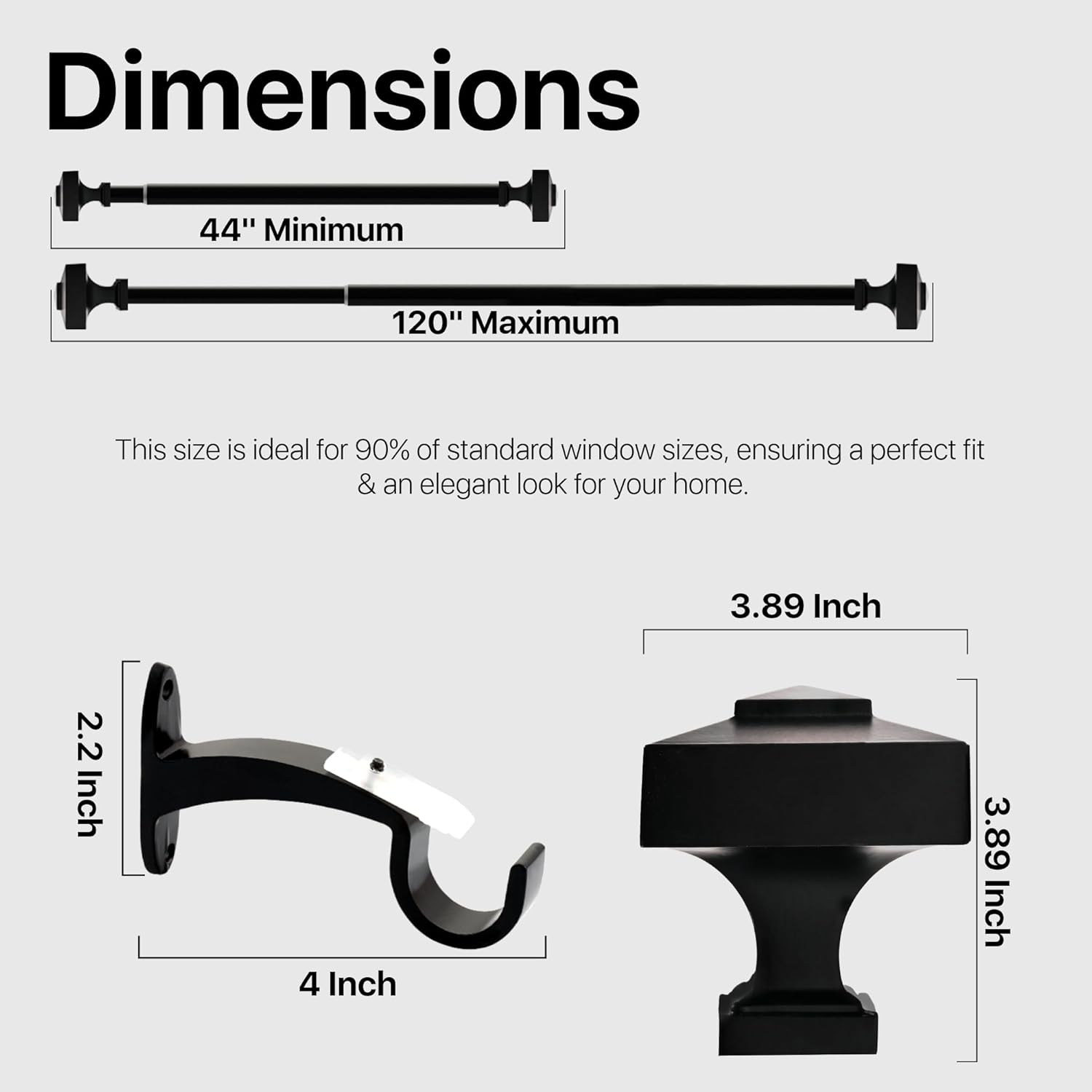 Deco Window Adjustable Curtain Rod for Windows 44 to 120 Inch (Pack of 1) Extendable Heavy Duty 3/4 Inch Iron Drapery Pole with Finials Wall Mounted French Door Curtain Rods (Black)