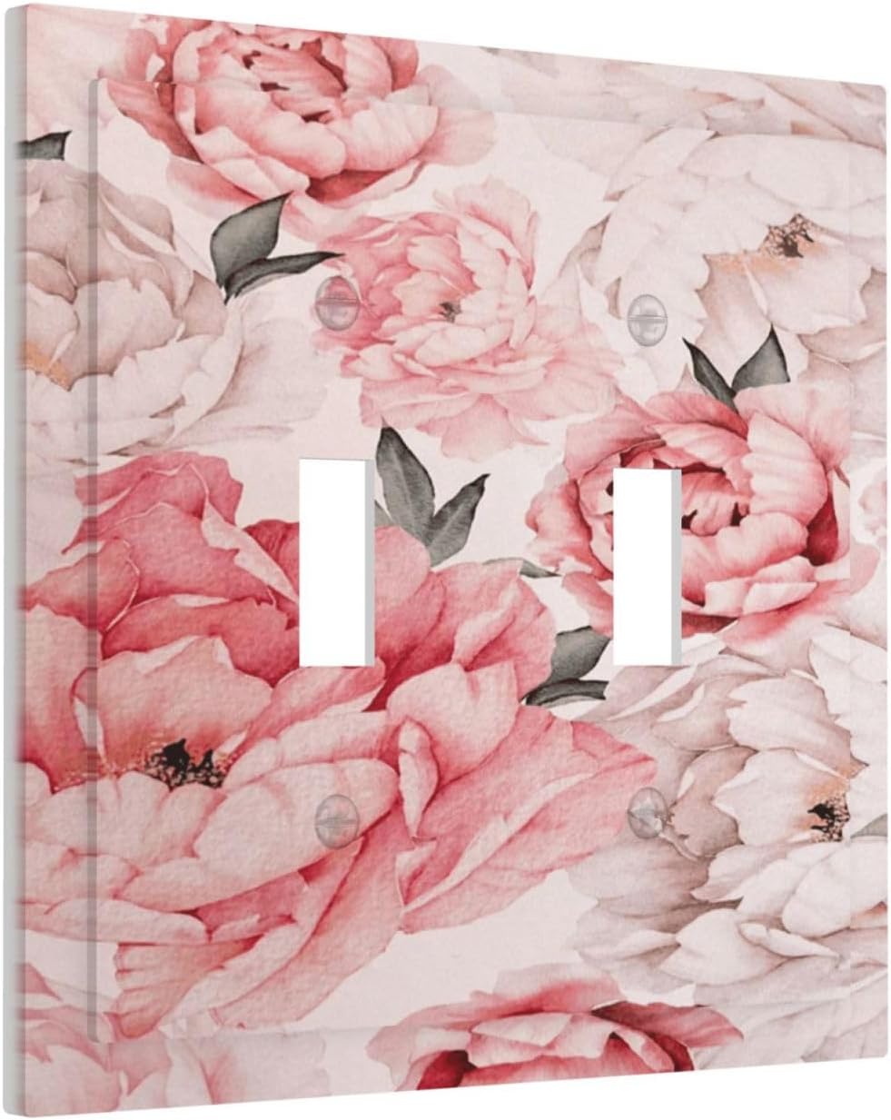 Decorative Light Switch Plate Covers Ink Pink Peony Flower Rustic Floral 2 Gang Light Switch Cover Unique Double Toggle Wall Plate Outlet Covers for Bedroom Home Decor （2 Pack）