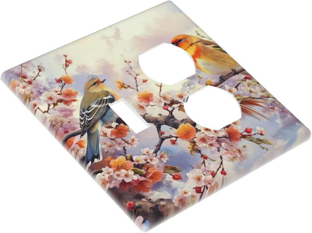 Decorative Outlet Covers Birds Sitting on Tree Branch Pink Flower 2 Gang Wall Plate Single Toggle Duplex Light Switch Cover Switch Plate Covers Faceplate for Bedroom Home Decor
