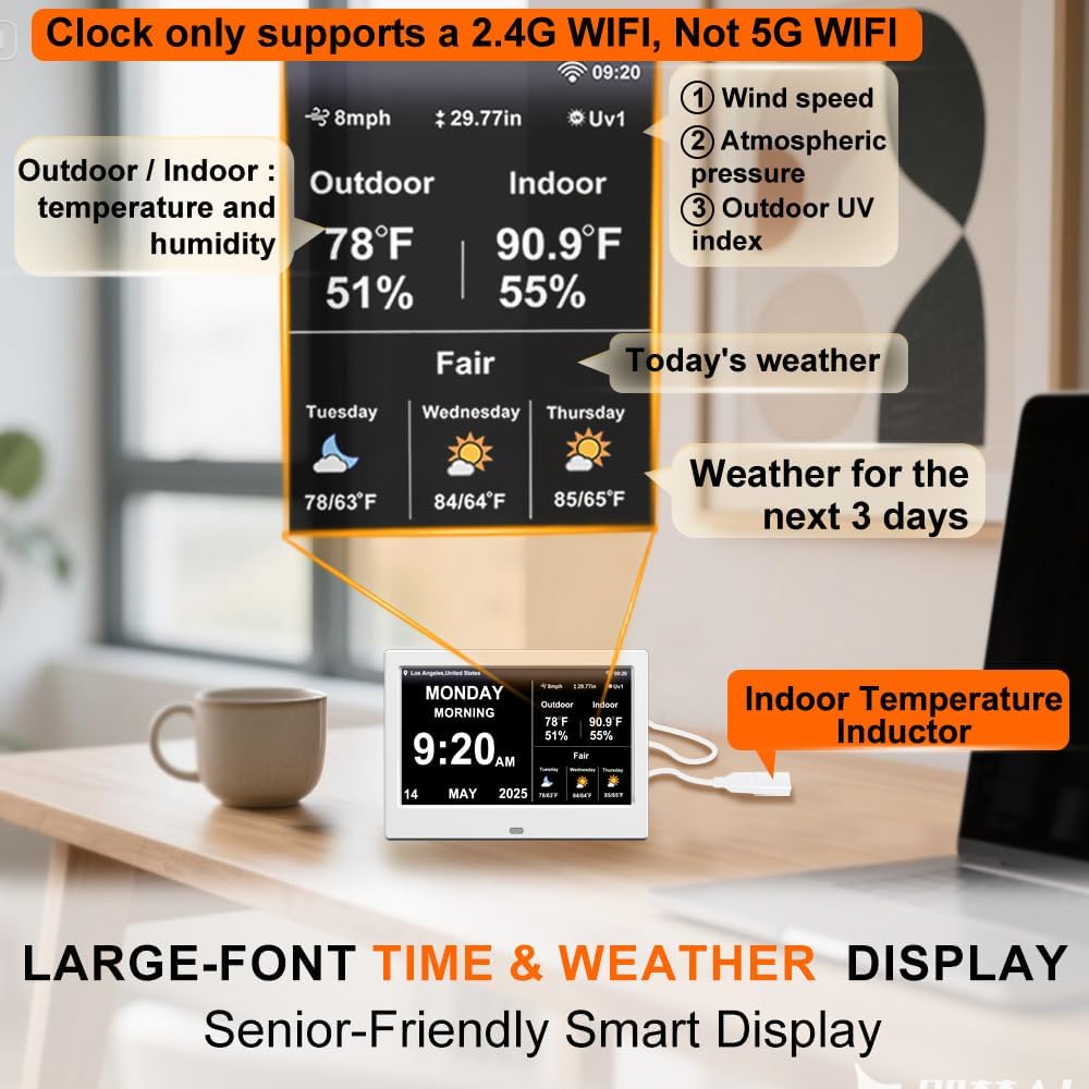 2025 Digital Clock with Weather Forecast & Temperature/Humidity Large Display,Auto Time Sync, Custom Alarms & Medication Reminders, Elderly Memory Loss (White, 7 Inch)