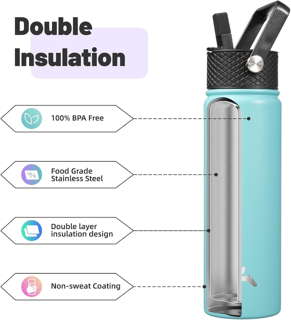 22oz Stainless Steel Bottles with 3 Lids Sport Insulated Water Bottle,Turquoise