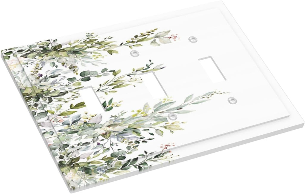 Decorative Light Switch Plate Covers Rustic Eucalyptus Leaves Green Leaf 3 Gang Light Switch Cover Triple Toggle Wall Plate Outlet Covers for Bedroom Home Decor