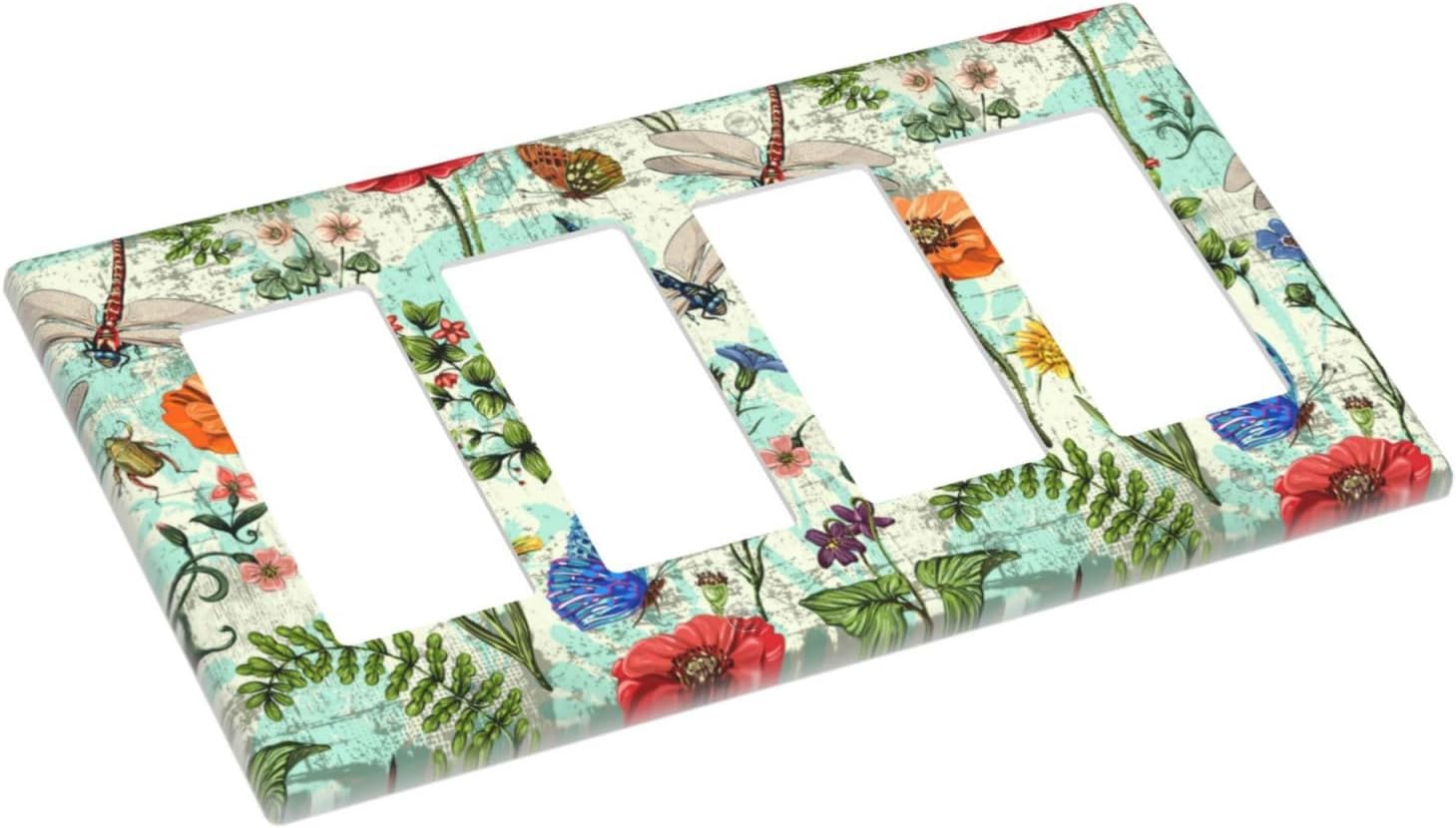 Dragonflies Flowers Butterfly 4 Gang Quad Rocker Outlet Light Switch Cover Decorative Wall Plate Cover For Home Living Bedroom Kitchen Decorative