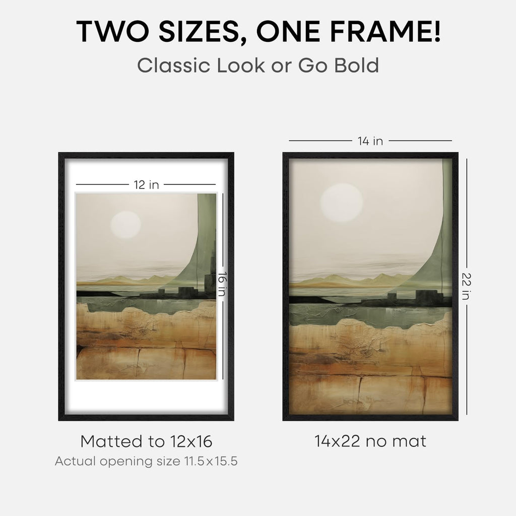 Homeforia 14x22 Frame Black Wood, High End Oak 14x22 Picture Frames with Mat 12x16 Photo, 14 x 22 Wooden Poster Frame Matted to 12 by 16 Print, 22x14 Hanging Frames, Tempered Glass, Wall Kit, Set of 2