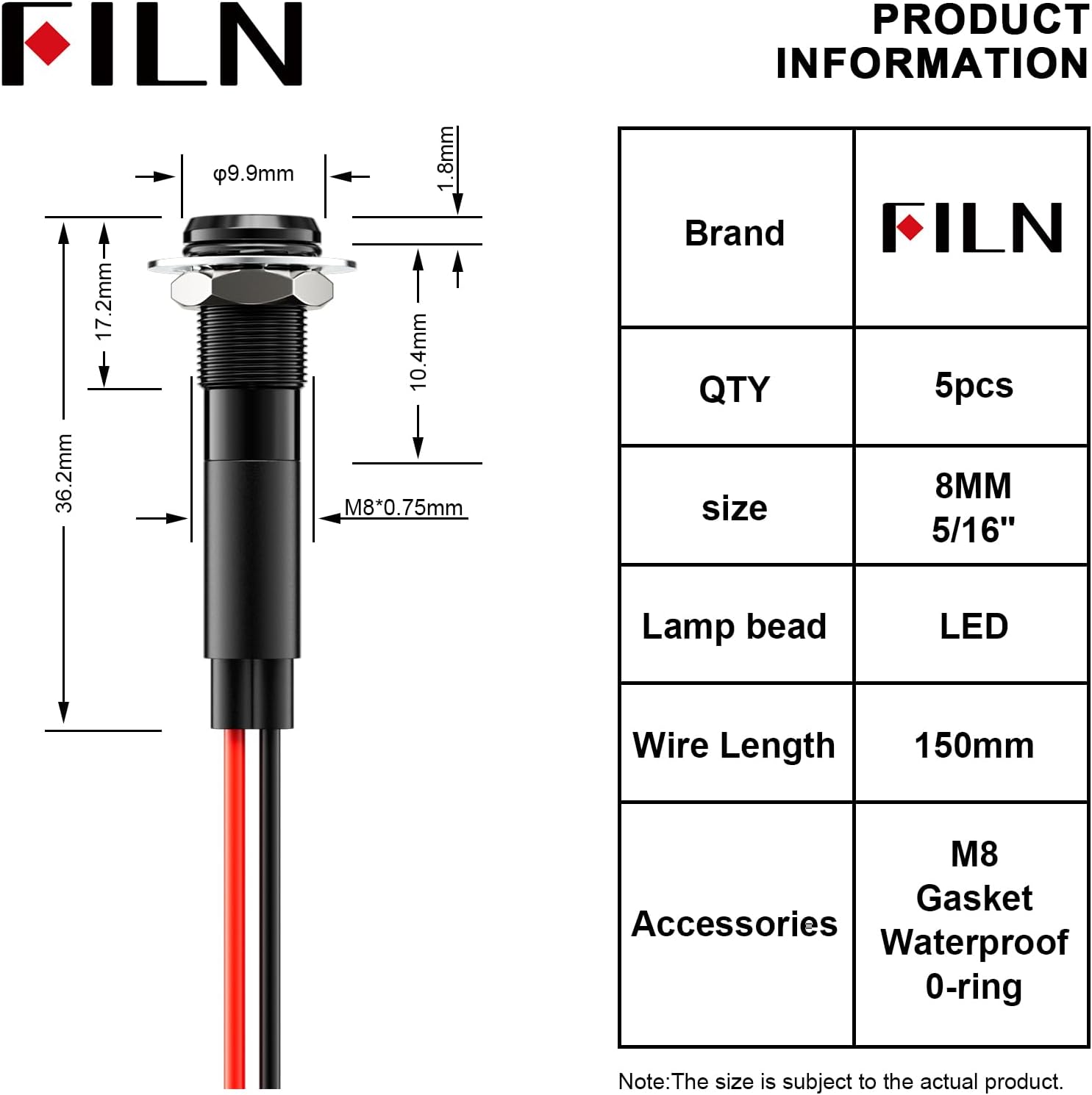 5Pcs 8MM (5/16'') Indicator Light led Indicator 110V 220V Metal Pilot Lamp Lights Aluminum Black Anodized Waterproof ip67 Red Signal Lamp Light(110V-Brass Nickel Plated-White 5Pcs)