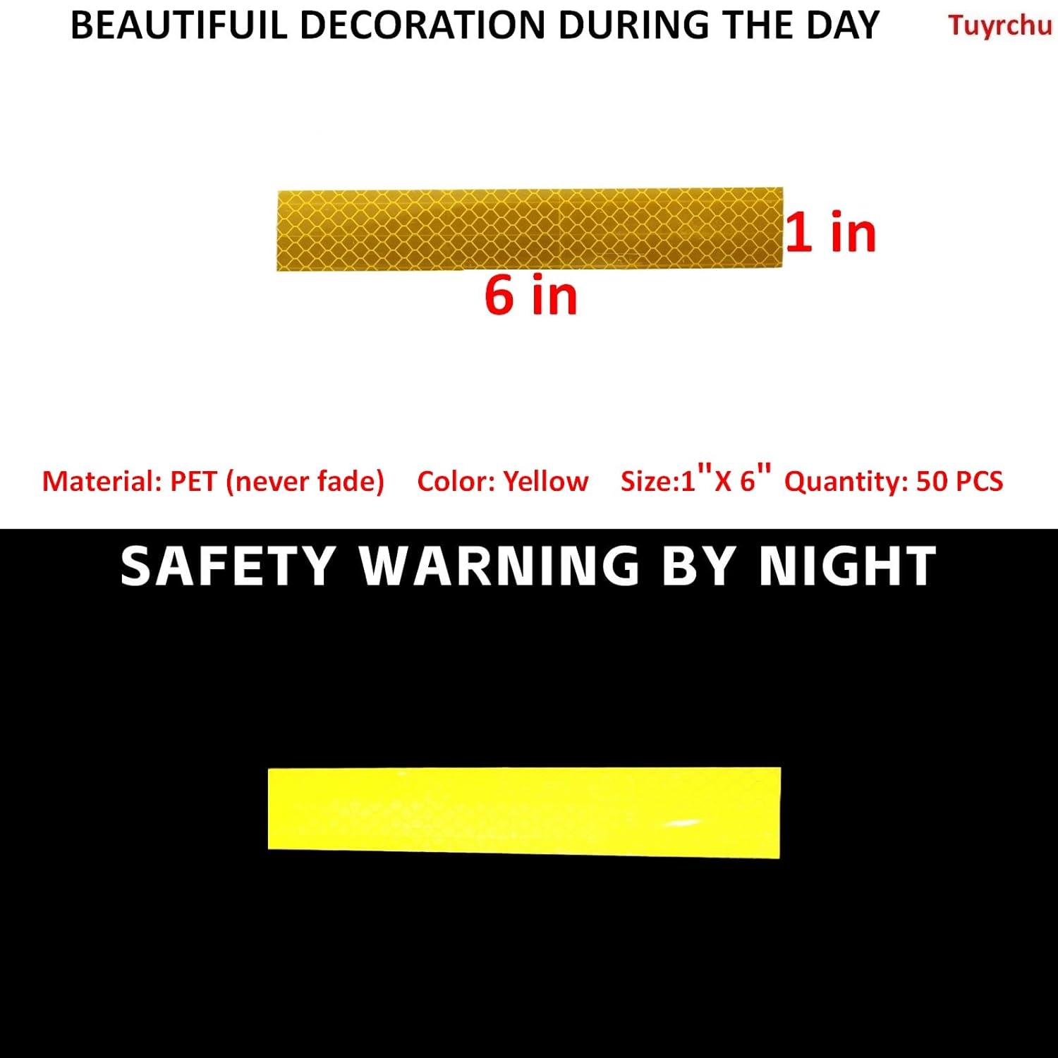 Non Fading Yellow Reflective Stickers 1 inch X 6 inch, Outdoor Waterproof High Visibility Warning Safety Adhesive Reflector Tape (50 Pcs)