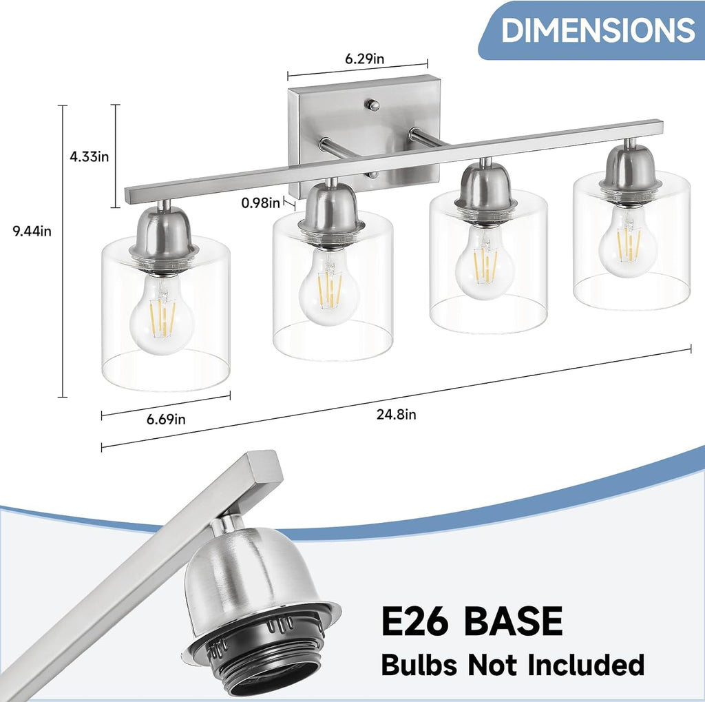 Modern Brushed Nickel 4 Light Bathroom Light Fixtures, 24 inch Vanity Lights for Bathroom with Clear Glass, Vanity Lights for Mirror Kitchen Living Room Hallway Cabinet Porch