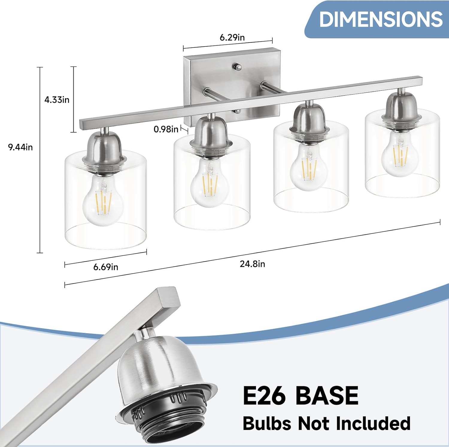 Modern Brushed Nickel 4 Light Bathroom Light Fixtures, 24 inch Vanity Lights for Bathroom with Clear Glass, Vanity Lights for Mirror Kitchen Living Room Hallway Cabinet Porch