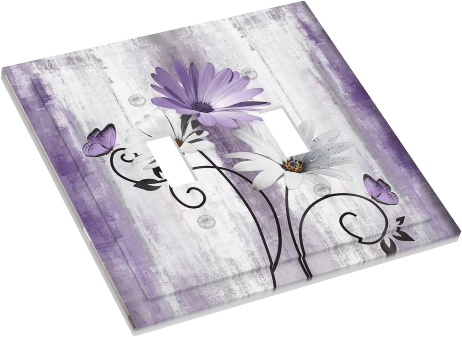 Decorative Light Switch Plate Covers Rustic White Purple Daisy Floral Flower 2 Gang Wall Plate Double Toggle Switch Cover Plate Electric Dual Device Electrical Faceplate for Bedroom Decor