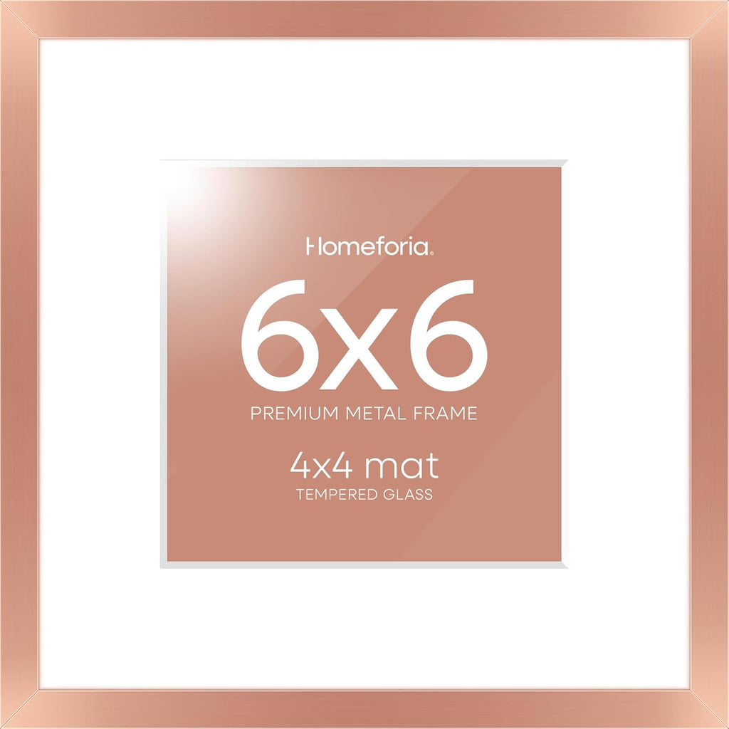 Homeforia Rose Gold Frame 6x6, High End Metal 6 x 6 Square Picture Frames with Mat 4 by 4 Art, 6x6 Photo Frame Matted to 4x4 inch Print, 6by6 Wall or Tabletop Frames, Tempered Glass, Wall Kit, Set of 1