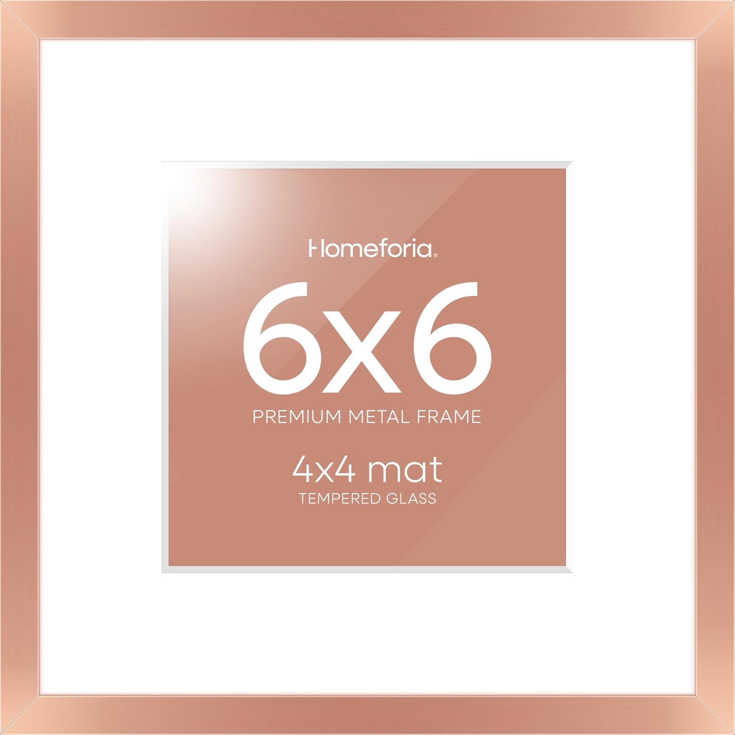 Homeforia Rose Gold Frame 6x6, High End Metal 6 x 6 Square Picture Frames with Mat 4 by 4 Art, 6x6 Photo Frame Matted to 4x4 inch Print, 6by6 Wall or Tabletop Frames, Tempered Glass, Wall Kit, Set of 1