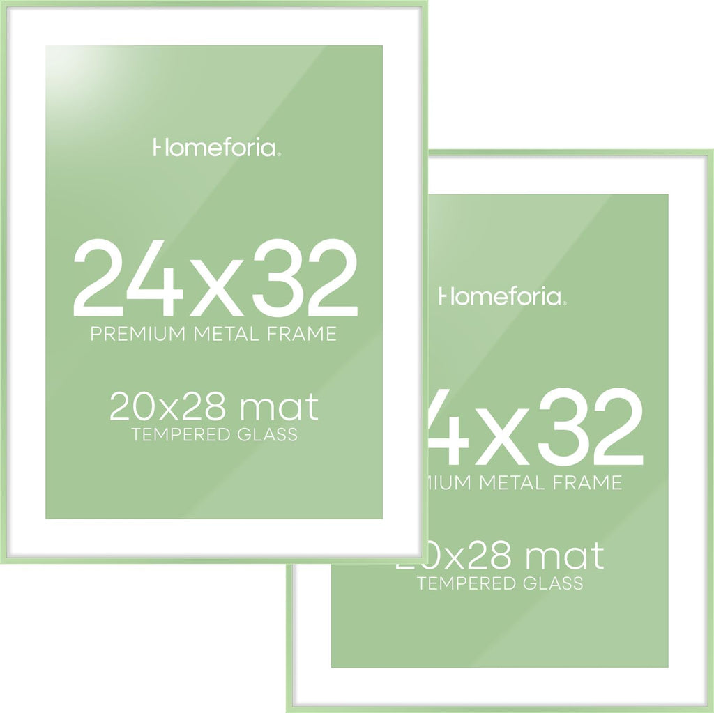 Homeforia 24x32 Sage Green Picture Frame, High End Metal 24x32 Poster Frames with Mat 20x28 inch Photo, 24 x 32 Thin Frame Matted to 20 x 28 Art, 32x24 Large Frames, Tempered Glass, Wall Kit, Set of 2