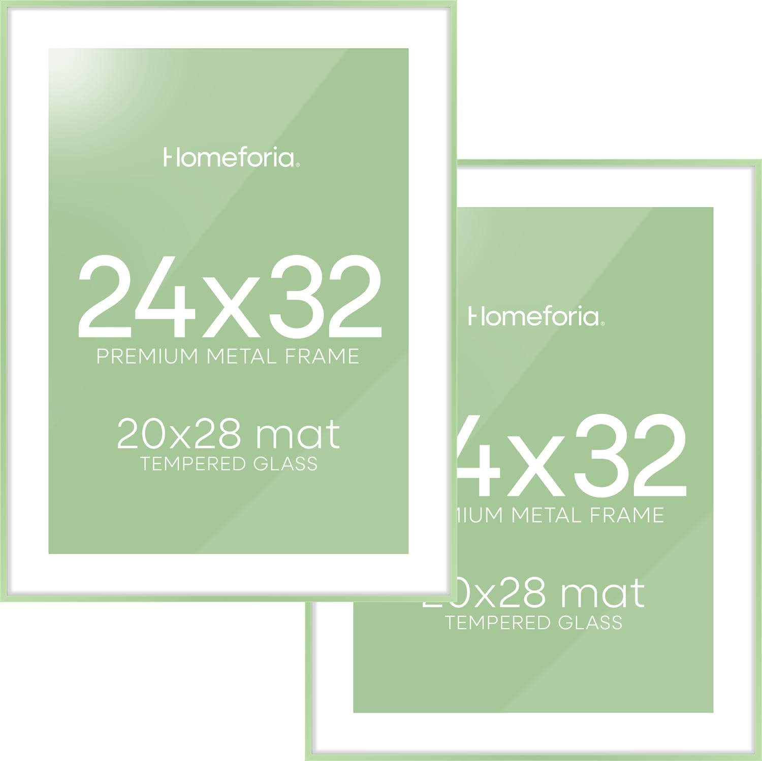Homeforia 24x32 Sage Green Picture Frame, High End Metal 24x32 Poster Frames with Mat 20x28 inch Photo, 24 x 32 Thin Frame Matted to 20 x 28 Art, 32x24 Large Frames, Tempered Glass, Wall Kit, Set of 2