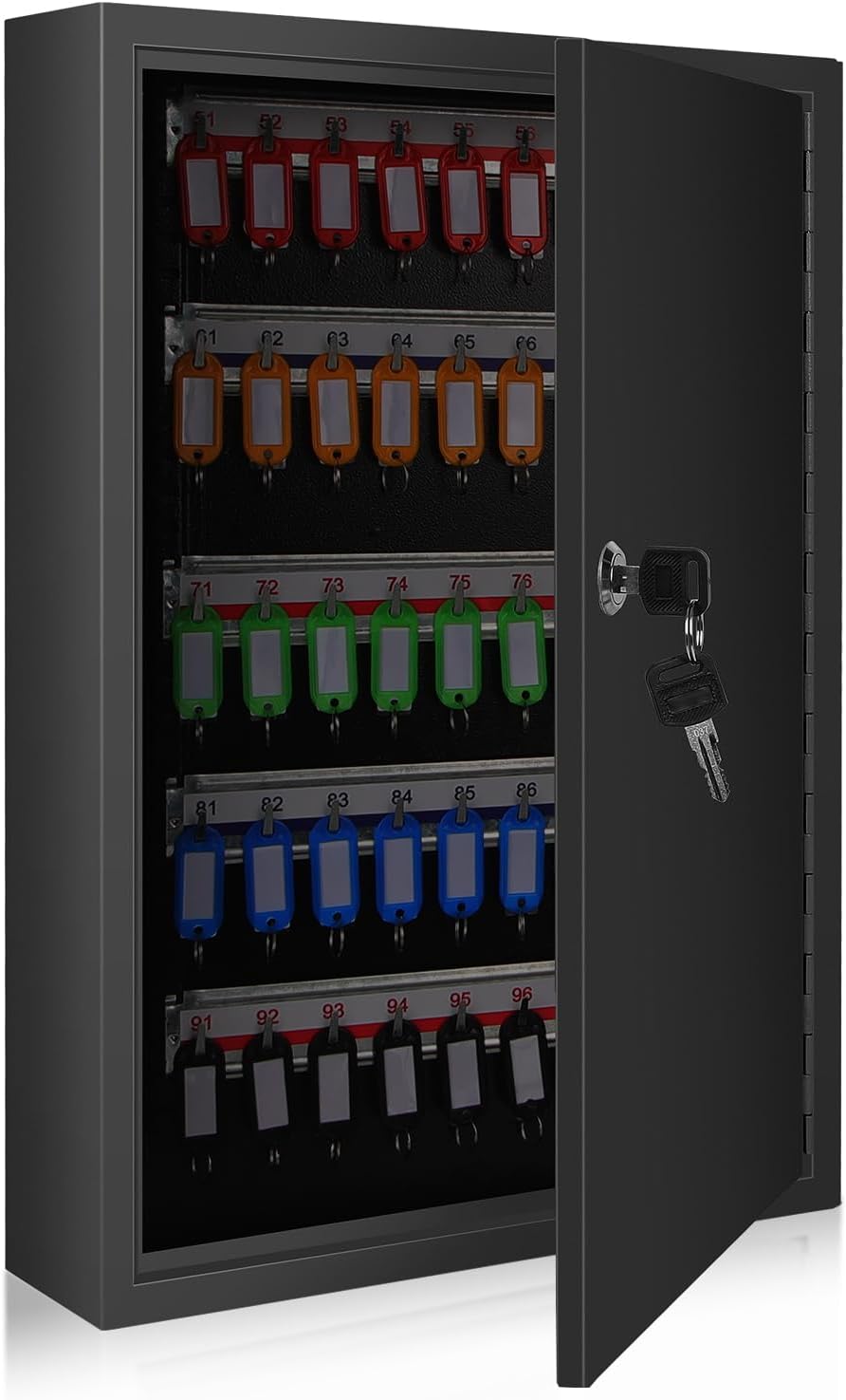 SHANTRA Key Box Cabinet, Wall Mount 100 Position Metal Locking Key Cabinet Organizer - Key Storage Box with Key Tags, Adjustable Lockbox for Keys, Secure Holder for Home, Hotels, and Valets - Black