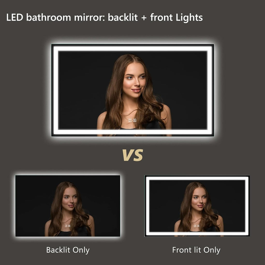 APRILSOUL 55x36 Inch LED Bathroom Mirror with Front and Backlit, Makeup Mirror with 3 Color Lights, Memory Function, Anti-Fog and Dimmable Light (Horizontal)