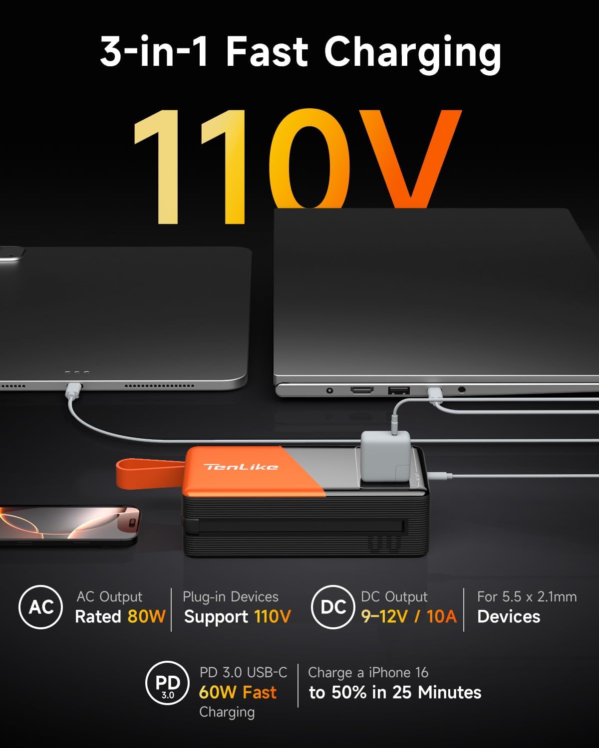 Large Power Bank for Camping Essentials Portable Power Station 99.9Wh Small Electric Generator Lithium Battery with 110V 80W Rated 120W Peak AC Plug in Output 60W Type-C Home Backup Outdoor Emergency