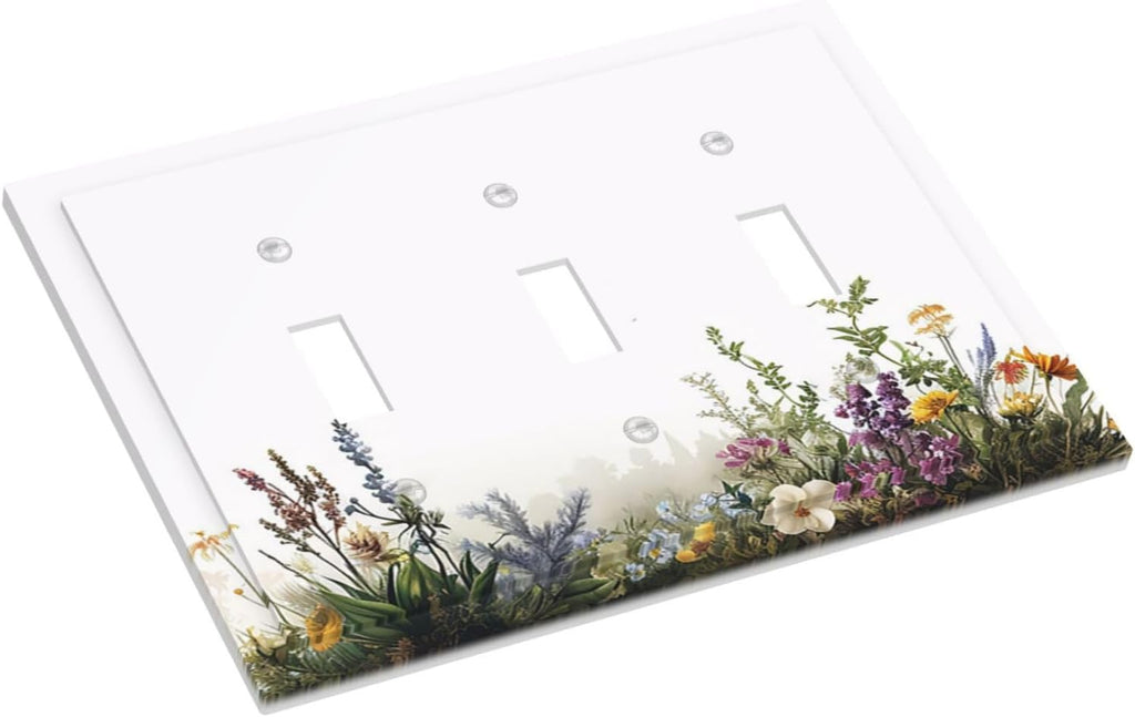 Decorative Light Switch Cover Plate White Background Colorful Flowers Plants Green Leaves 3 Gang Wall Plate Triple Toggle Switch Plate Covers Electrical Outlet Cover for Bedroom Home Decor