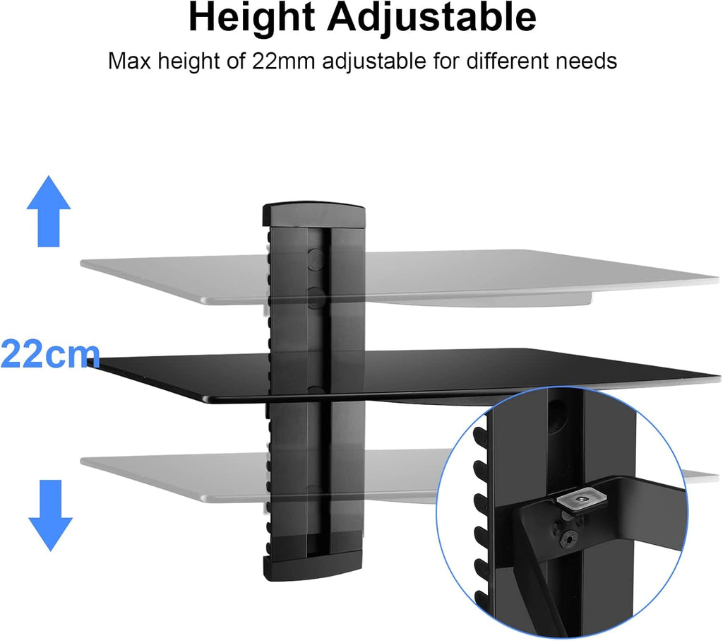 suptek Glass Floating Shelf, 1 Tier Media Shelf for TV Accessories, Flat Black Wall Mount Bracket, 17.6lbs Weight Capacity, Quick Installation, Cable Management, Custom Style, Backless