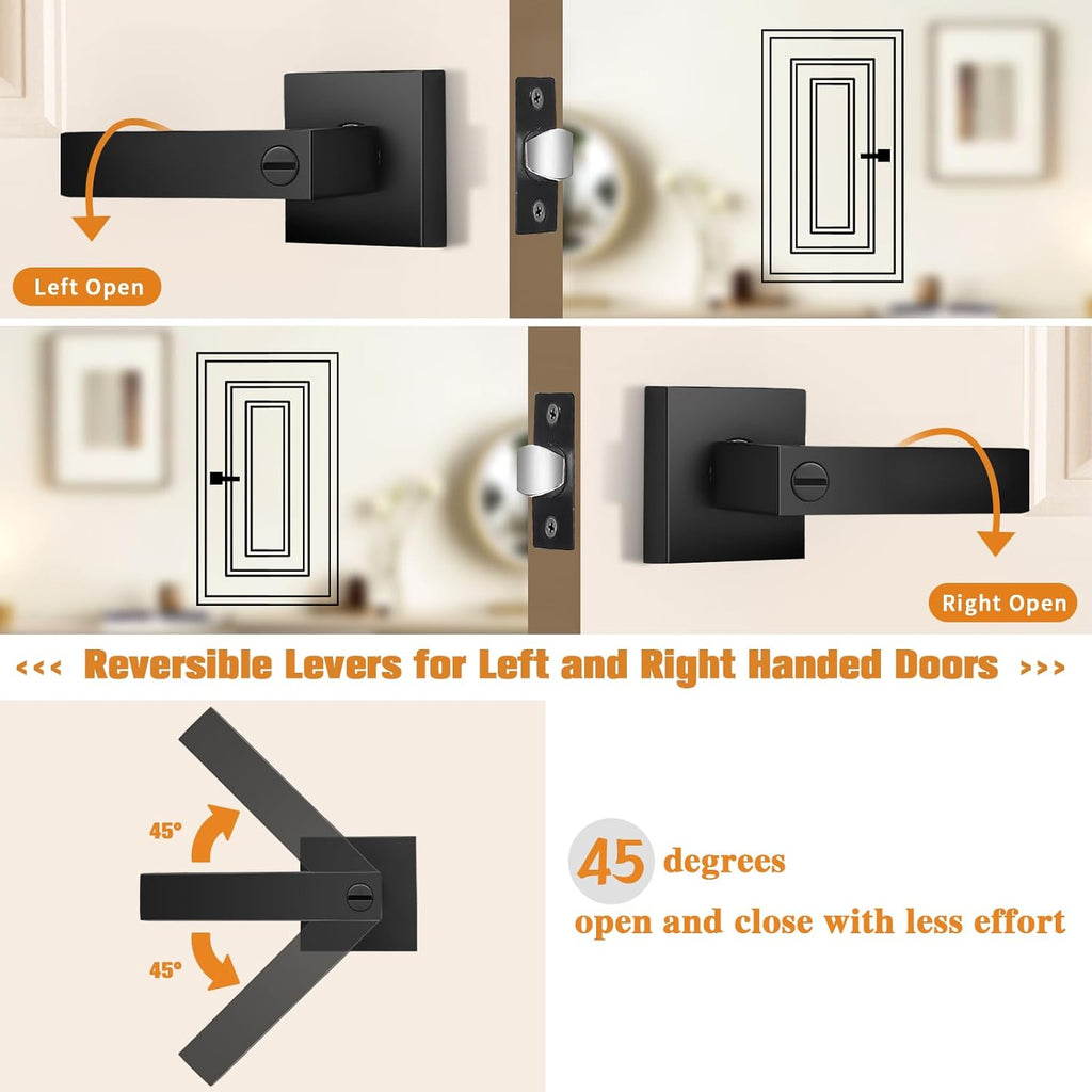 Probrico Interior Black Door Handle, Heavy Duty, Flat Square Privacy Door Handles, Keyless Door Levers Lockset for Bedroom and Bathroom (3 Pack, Modern)