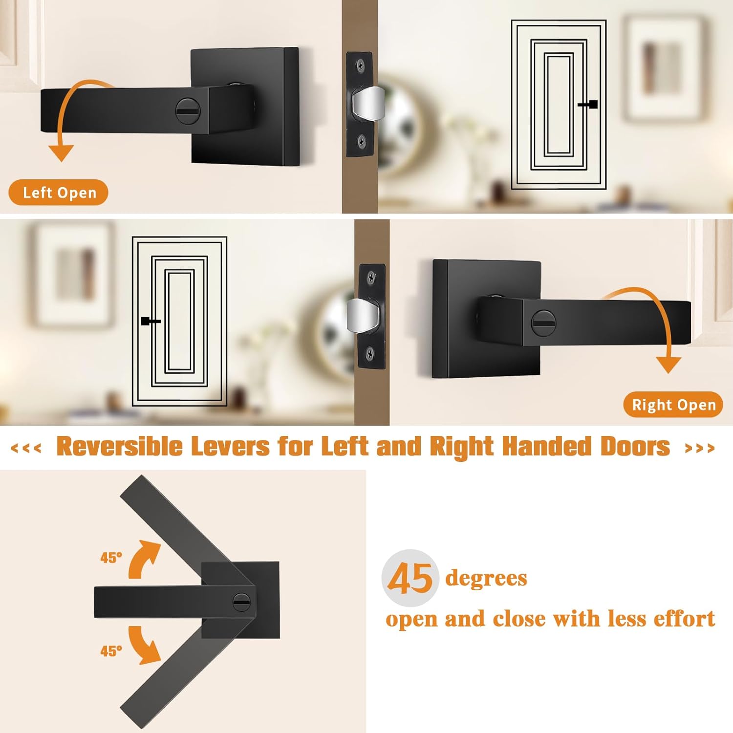 Probrico 4 Pack| Matte Black Square Privacy Door Levers Bed Bath Door Handles, Heavy Duty Interior Keyless Door Locks for Left or Right Sided Doors