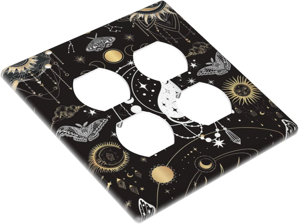 White Cat Tarot Moon Phases Moth Celestial Gothic Outlet Covers 2 Gang Double Duplex Decorative Light Switch Covers Electrical Wallplates Socket Faceplate for Kids Room Bedroom Decor