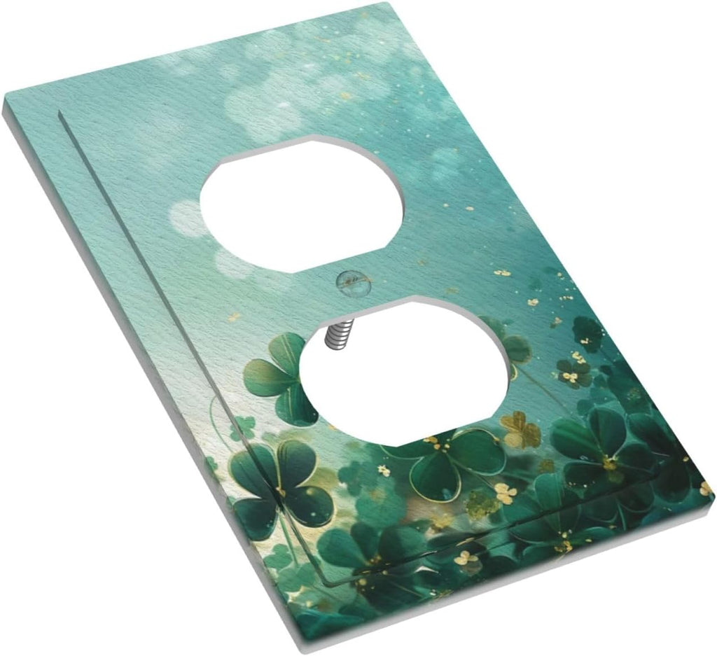 Decorative Outlet Covers Rustic Green Lucky Four leaf Clover 1 Gang Duplex Light Switch Cover Plate Unique Wall Plate Electrical Switch Plate Covers for Bedroom Home Decor