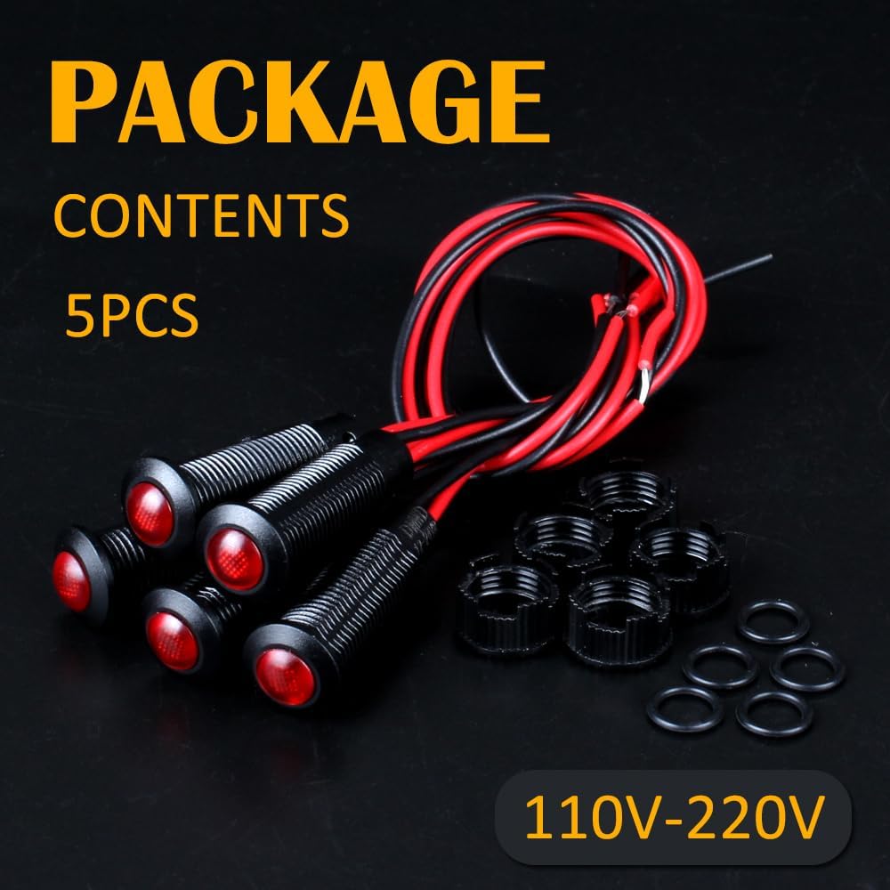 5pcs 8mm LED Indicator Light Plastic Black Signal Dot Lamp 110-220V AC 5/16" Mounting Hole Size with 15cm/5.9in. Wire (Red LED)