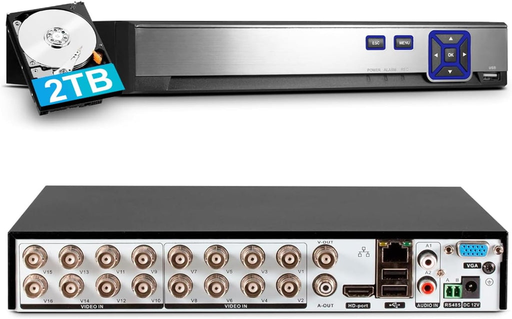 KERUI 16 Channel Security Recorder DVR Supports 5MP Hybrid 5-in-1 AHD/TVI/CVI/CVBS/IP Analog Camera DVR with Human Detection, Remote Access 24/7 Recording(Pre-Installed 2TB Hard Drive)