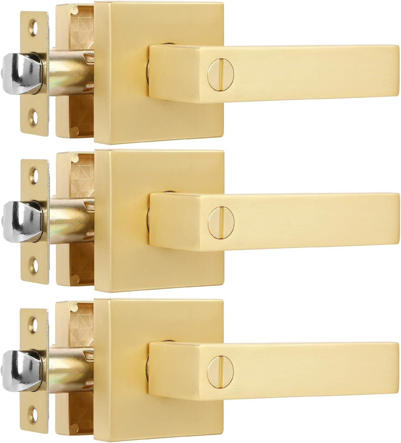 3 Pack Privacy Gold Door Knob Keyless Square Heavy Door Levers, Bed/Bathroom Door Handle Exterior Doorknob with Button for Bedroom or Bathroom