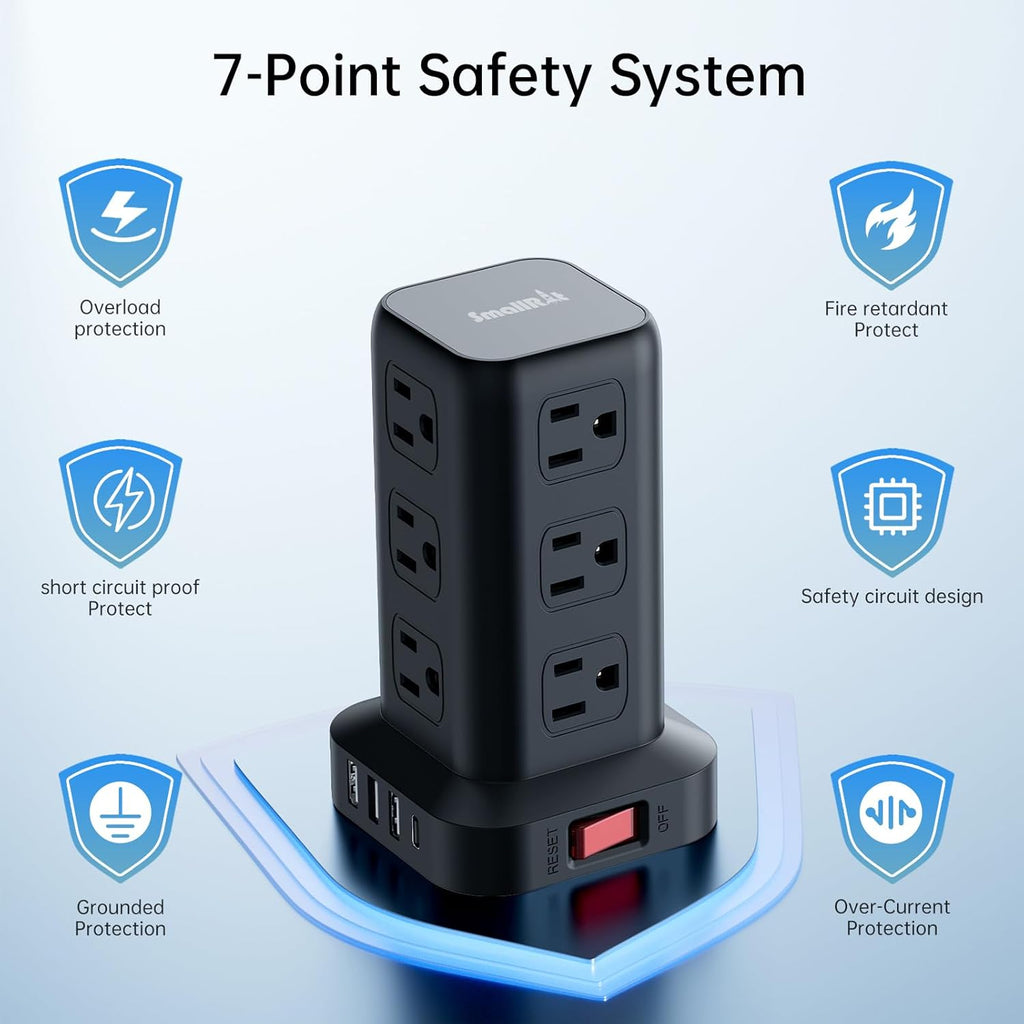 PD20W Surge Protector Power Strip Tower, 15FT Extension Cord with Multiple Outlets, 12 AC 4 USB (1 USB C)，Mini Power Strip with USB Ports, Surge Protector Tower Overload Protection for Office, Desk