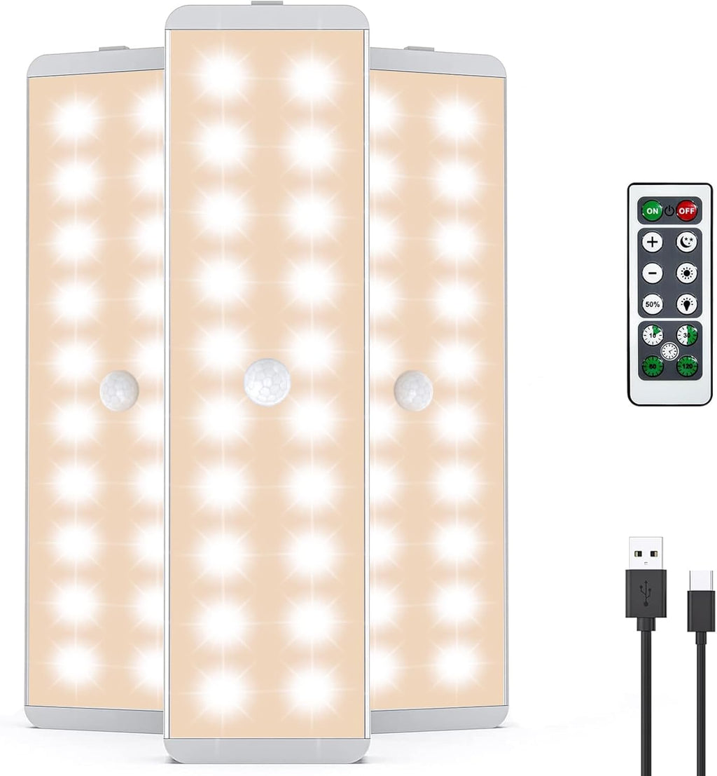 LED Closet Light, 20LEDs Rechargeable Motion Sensor Under Cabinet Lighting, Stick-Anywhere Night Safe Light Bar for Wardrobe,Kitchen-3 Pcs,Warm White