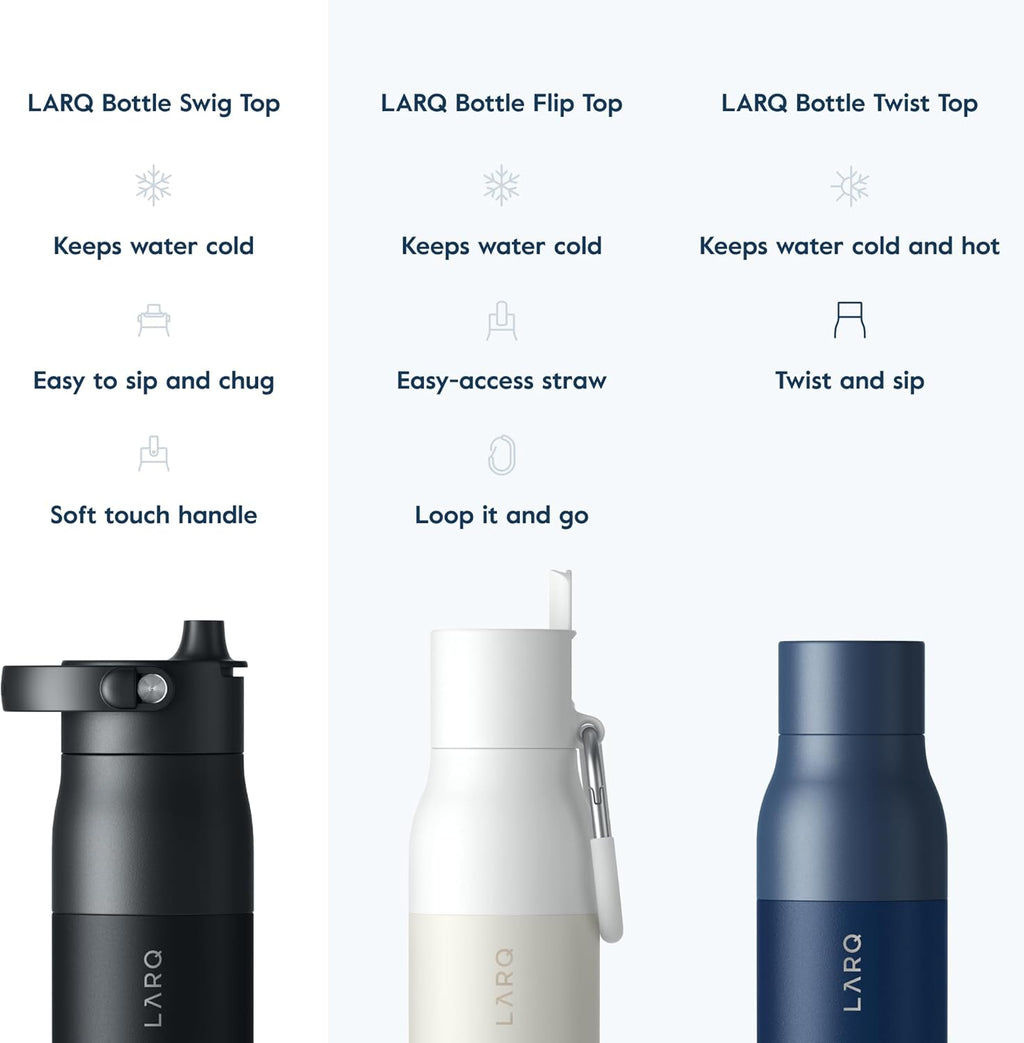 LARQ Bottle Swig Top 34oz - Insulated Stainless Steel Water Bottle With Built-In Silicone Handle | BPA Free | Reusable Water Bottle for Sports, Gym, and Travel, Obsidian Black