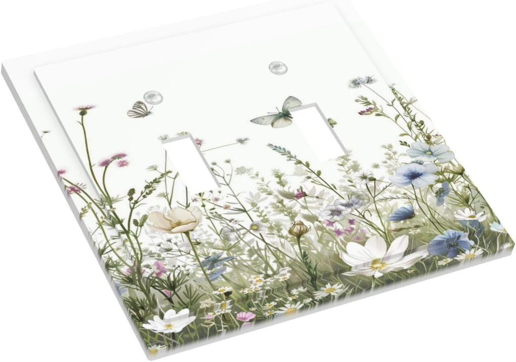 Colorful Wildflowers Daisy Plant Butterfly Floral Decorative Switch Plates 2 Gang Double Toggle Outlet Light Switch Cover Wall Plate Electrical Faceplate for Bed Room Living Room Decor