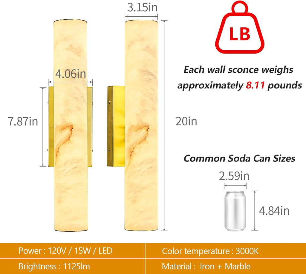 LMQNINE Natural Alabaster Wall Sconces Set of Two Spanish Marble Wall Light Cylinder Modern Gold LED Sconce for Living Room Bedroom Bathroo Stairs（S-2Pack）