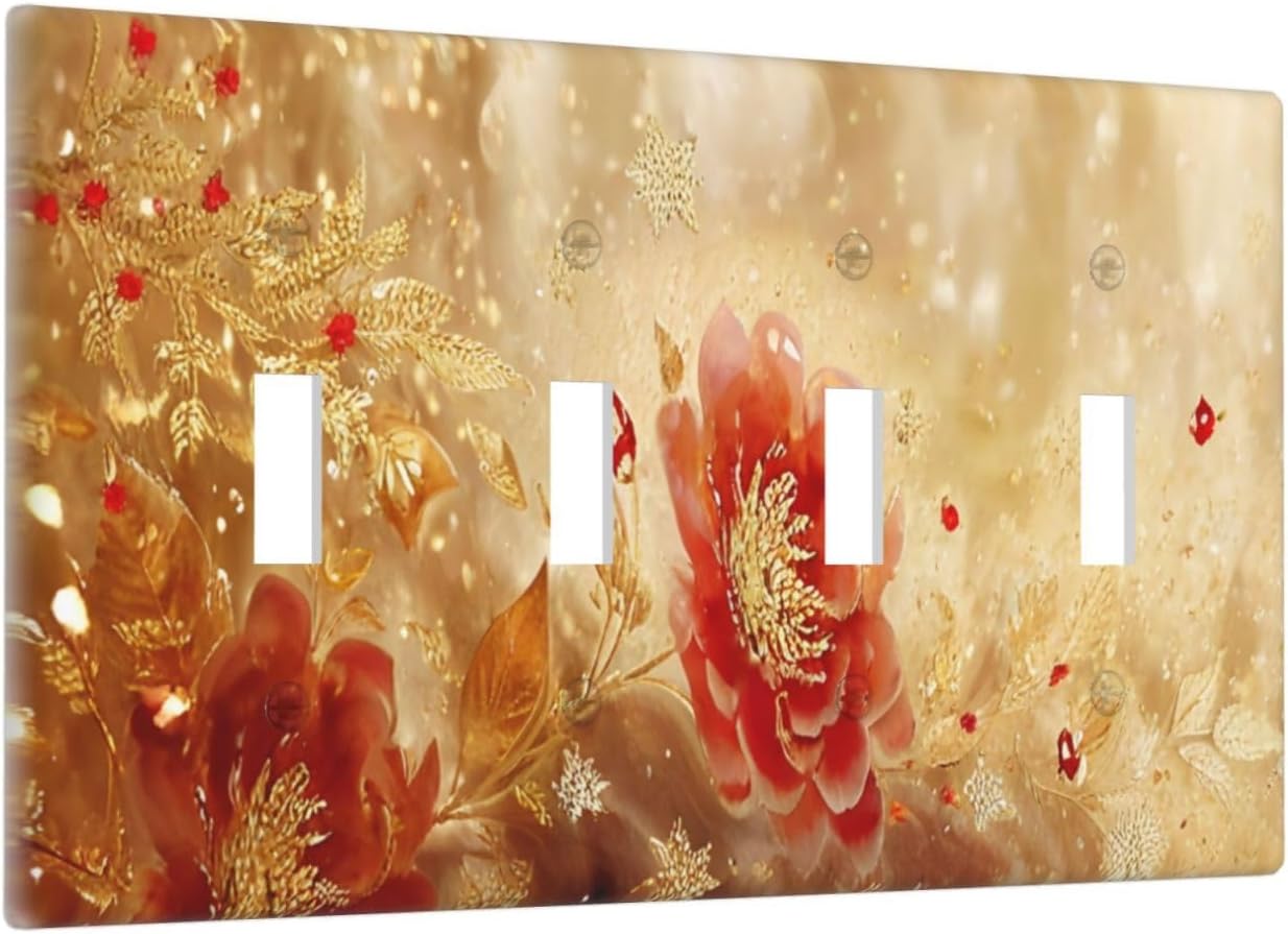 Decorative Light Switch Cover Plate Golden Leaf Red Peony Flowers Floral 4 Gang Wall Plate Oversized Quad Toggle Switch Cover Plate Jumbo Faceplate for Bedroom Decor