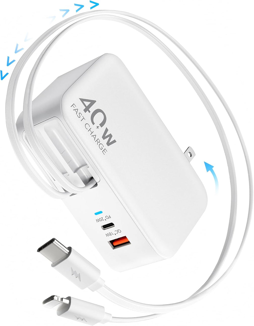 4-in-1 Retractable Gan Wall Charger Plug for iPhone 17 USB C,Travel Essentials Brick Multiport,3ft Lightening+ Type C Cables,40W Fast Charging Foldable Block for iPhone 17 Pro/16/15/14/13,iPad,Galaxy