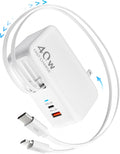 4-in-1 Retractable Gan Wall Charger Plug for iPhone 17 USB C,Travel Essentials Brick Multiport,3ft Lightening+ Type C Cables,40W Fast Charging Foldable Block for iPhone 17 Pro/16/15/14/13,iPad,Galaxy