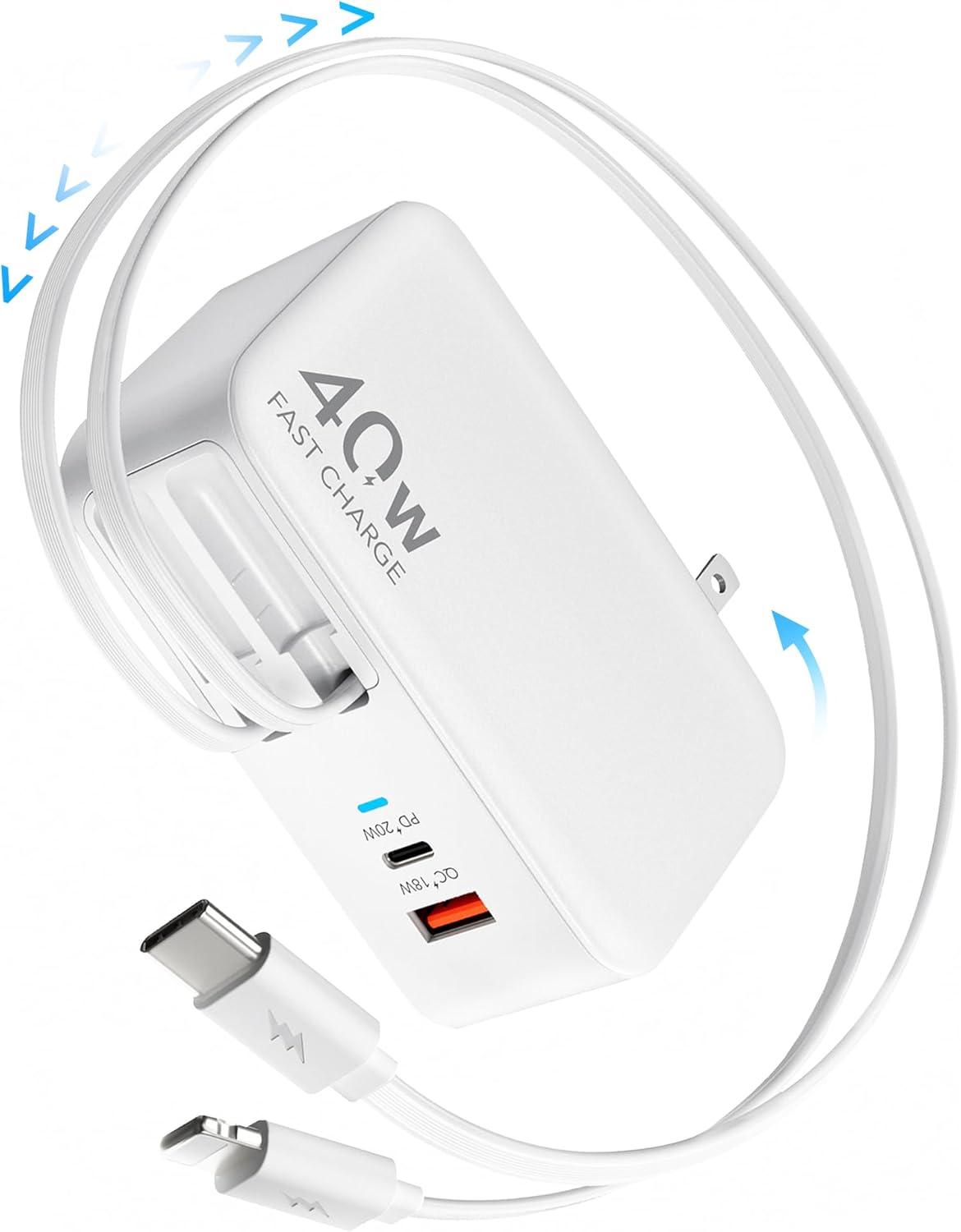 4-in-1 Retractable Gan Wall Charger Plug for iPhone 17 USB C,Travel Essentials Brick Multiport,3ft Lightening+ Type C Cables,40W Fast Charging Foldable Block for iPhone 17 Pro/16/15/14/13,iPad,Galaxy