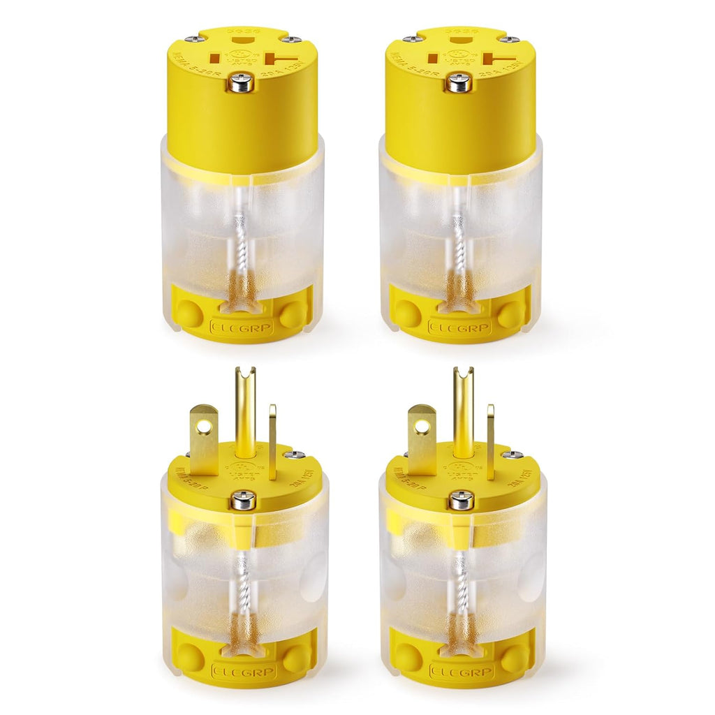 ELEGRP Lighted Straight Blade Electrical Plug and Connector Set 20 Amp 125 Volt NEMA 5-20P NEMA 5-20R 2 Pole 3 Wire Grounding, Commercial Grade, Yellow, 2 Set