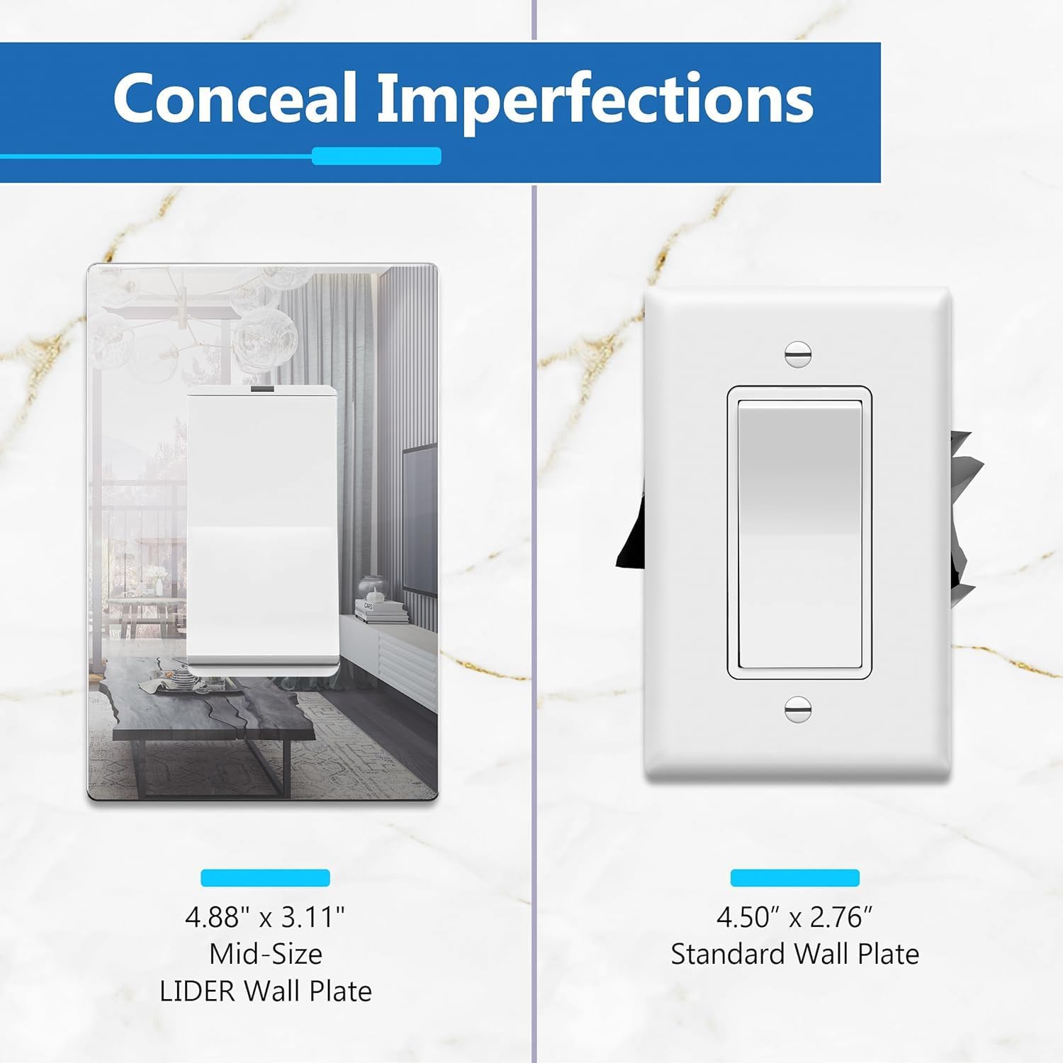 LIDER Decorator Wall Plate, Impact Resistant, Mirrored Acrylic, Plexiglass, Reflective Finish, Modern Upgrade, Screwless Light Switch/Outlet Cover, Mid-Size 1-Gang 4.88" x 3.11", Silver