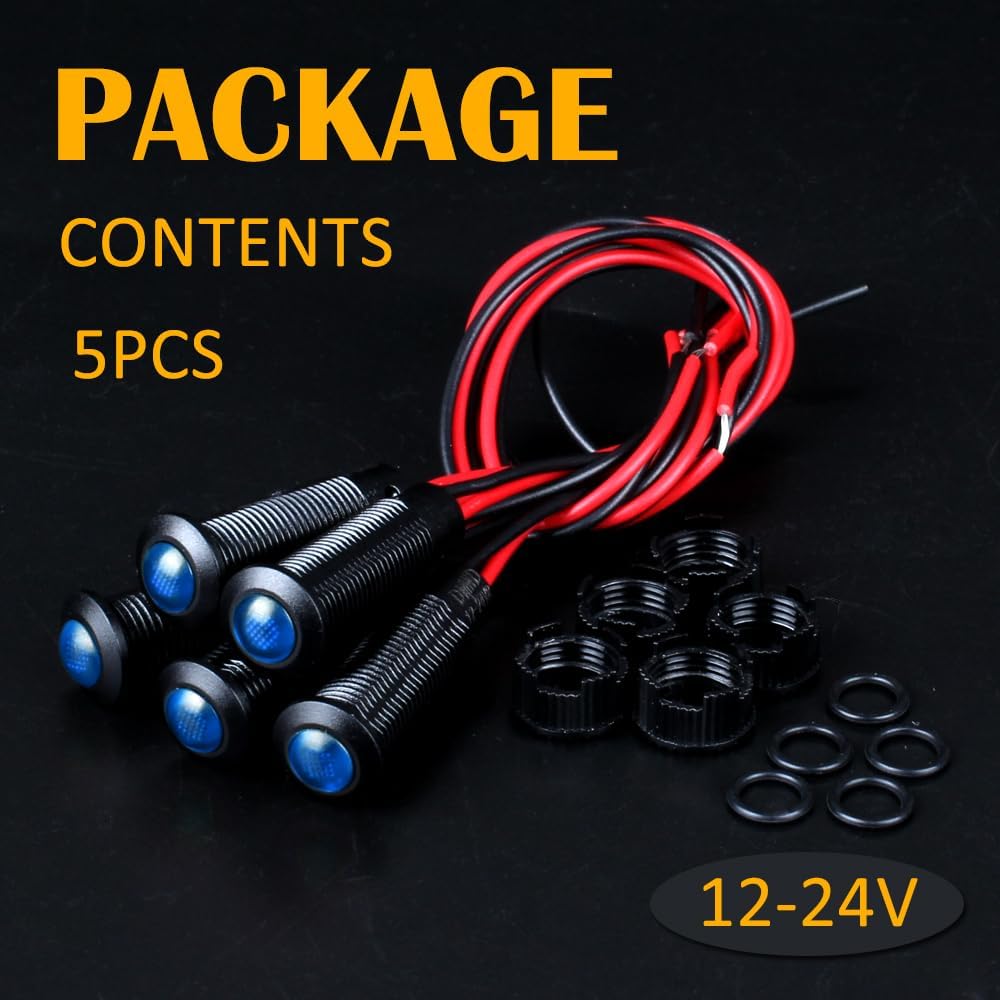5pcs 8mm LED Indicator Light Plastic Black Signal Dot Lamp 12V-24V 5/16" Mounting Hole Size with 15cm/5.9in. Wire (Blue LED)