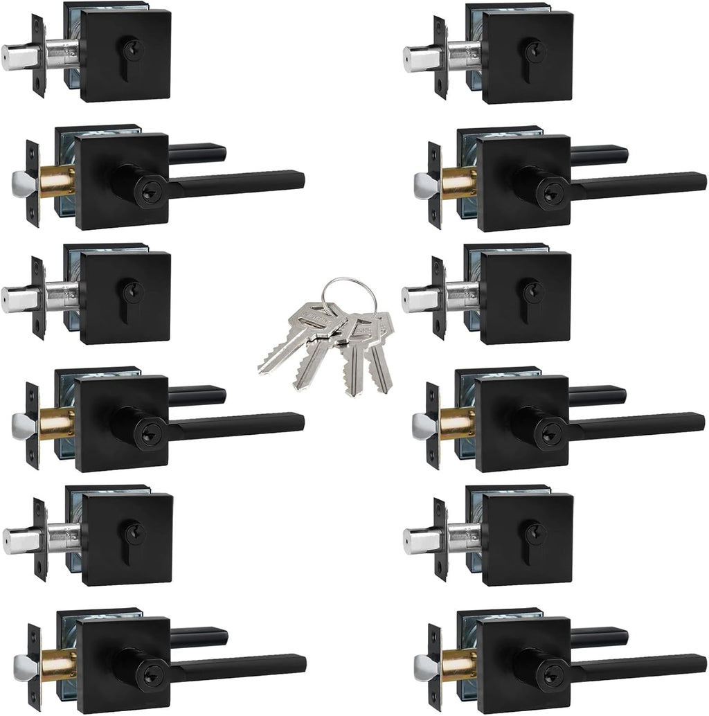 Keyed Alike(All Same Keys) Keyed Entry Door Lever with Single Cylinder Deadbolt Combo, Front Door/Exterior Door Handleset, Matte Black, 6 Set