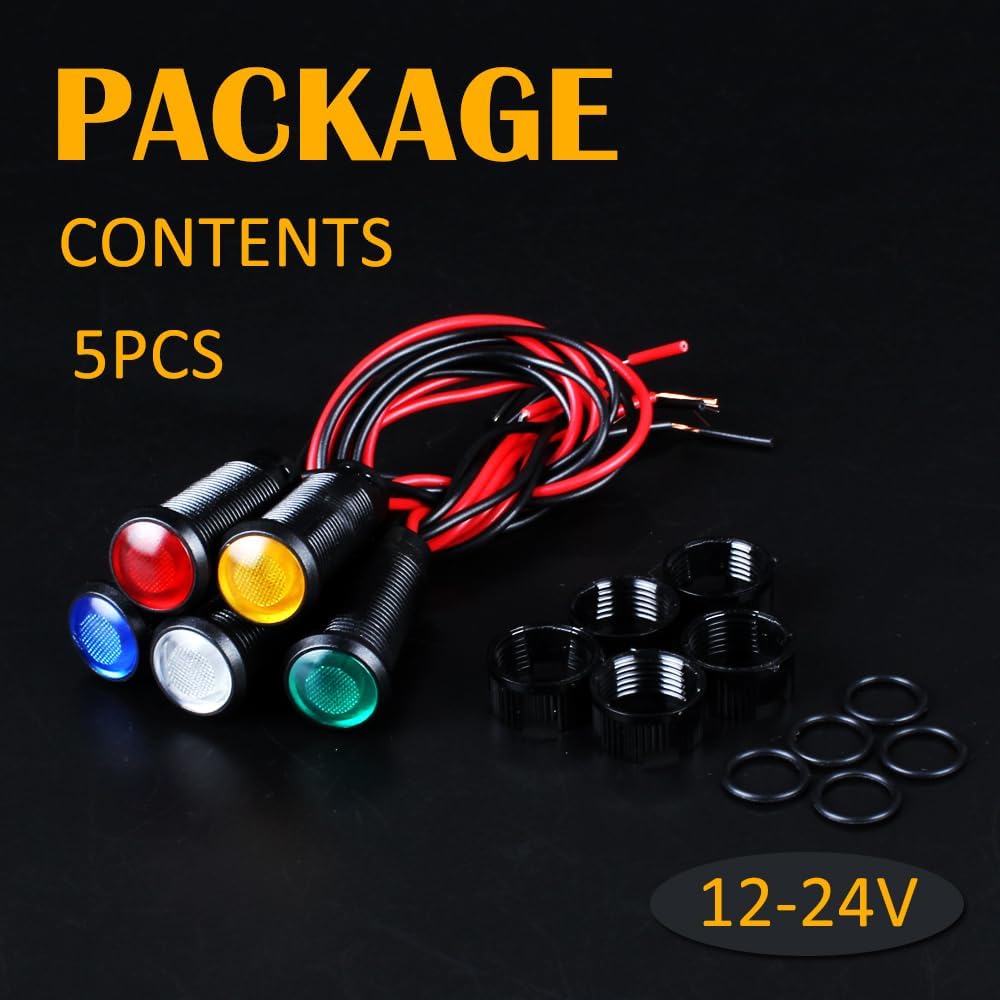 5pcs 10mm LED Indicator Light Plastic Black Signal Dot Lamp 12V-24V 2/5" Mounting Hole Size with 15cm/5.9in. Wire (Mix:Red White Yellow Blue Green)