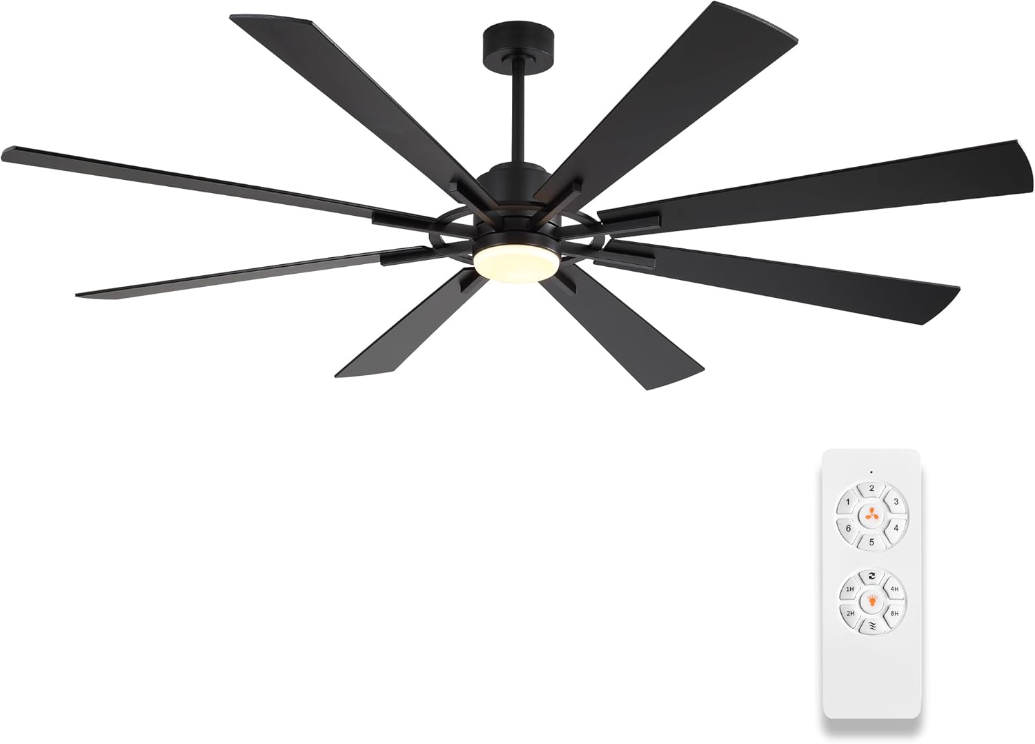WINGBO 80" DC Ceiling Fan with Lights and 3 Downrods, Matte Black Ceiling Fan, 8 Plywood Blades, 6-Speed Reversible DC Motor, Large Ceiling Fans for Kitchen Bedroom Living Room