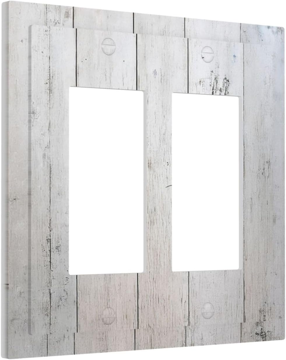 Rustic White Grey Wood Grain Decorative Outlet Covers 2 Gang Double GFCI Rocker Light Switch Cover Plate Electrical Wall Panels for Bedroom Bathroom Decor
